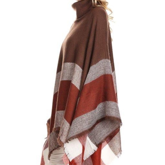 Plaid Poncho -Red and Brown - Picture 3 of 4